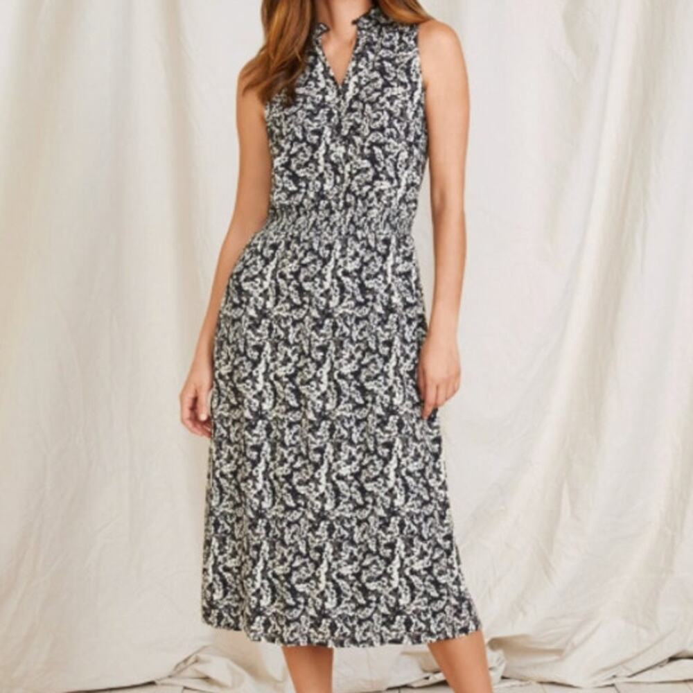 Garnet Hill Ambrose Crepe Midi Dress S Floral Black White Sleeveless V-Neck